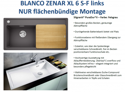 BLANCO Zenar XL 6 S-F Silgranit PuraDurII Granitsple Flchenbndig Ablaufsystem InFino mit Drehknopfventil