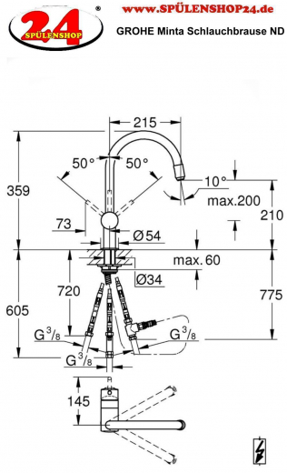 GROHE Kchenarmatur Minta Einhebelmischer Chrom mit Zugauslauf als Schlauchbrause Niederdruck (32511000)