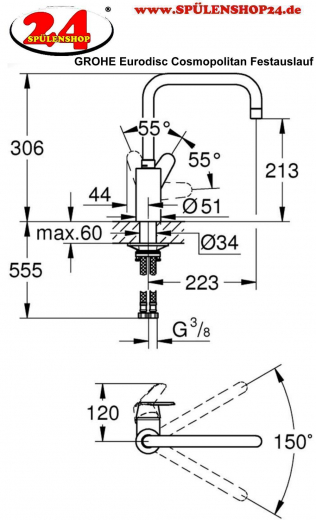 GROHE Kchenarmatur Eurodisc Cosmopolitan Einhebelmischer Chrom mit Festauslauf (32259003)