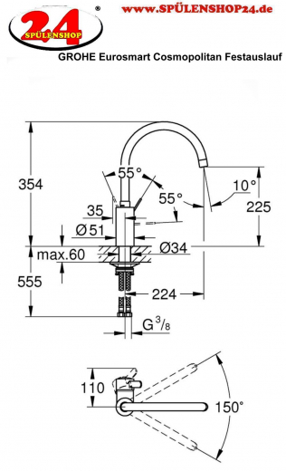 GROHE Kchenarmatur Eurosmart Cosmopolitan Einhebelmischer Chrom mit Festauslauf (32843002)