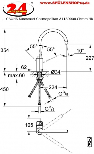 GROHE Kchenarmatur Eurosmart Cosmopolitan Einhebelmischer Chrom mit Festauslauf Niederdruck (31180000)