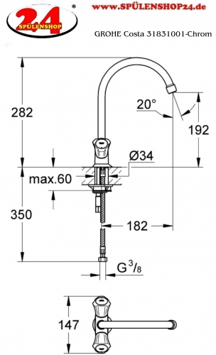 GROHE Kchenarmatur Costa Spltischbatterie Chrom Zweigriff Armatur (31831001)