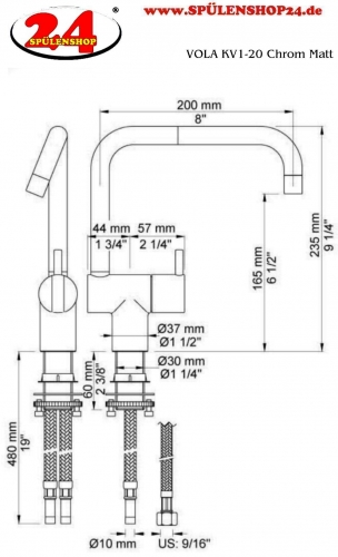 VOLA Kchenarmatur KV1-20 Chrom matt Spltischmischer / Eingriffmischer mit Doppelschwenkauslauf