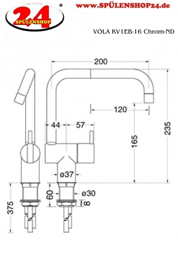 VOLA Kchenarmatur KV1EB-16 Chrom Spltischmischer / Eingriffmischer mit Doppelschwenkauslauf Niederdruck