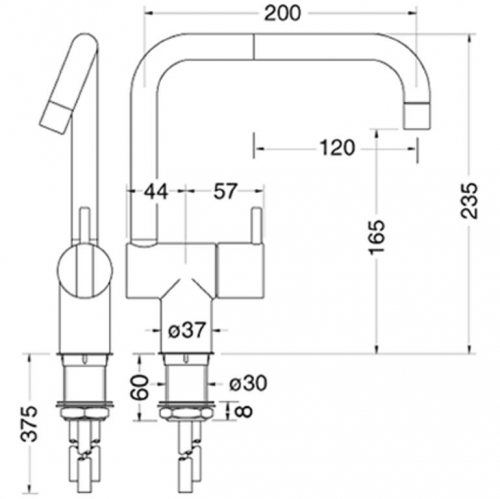 VOLA Kchenarmatur KV1EB-16 Chrom Spltischmischer / Eingriffmischer mit Doppelschwenkauslauf Niederdruck