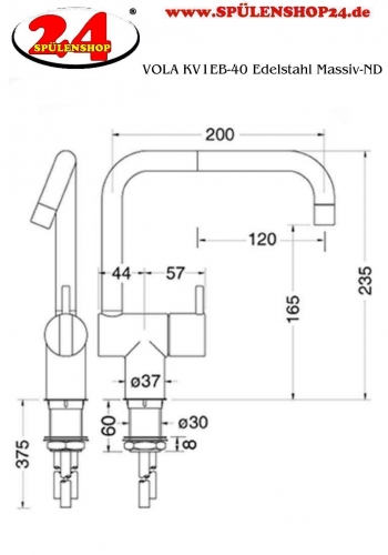 VOLA Kchenarmatur KV1EB-40 Edelstahl Massiv Spltischmischer / Eingriffmischer mit Doppelschwenkauslauf Niederdruck