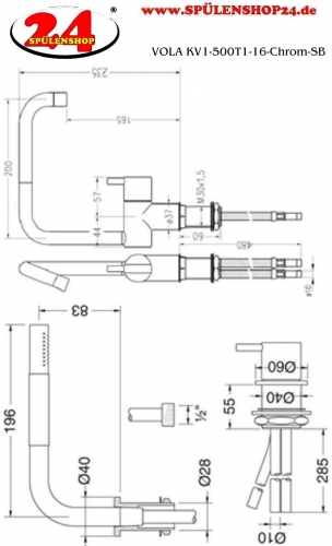 VOLA KV1-500T1-16 Chrom Eingriffmischer zustzlich mit separatem Eingriffmischer 500 und versenkbarer Handbrause