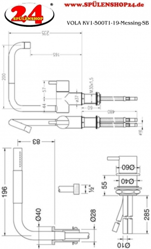 VOLA KV1-500T1-19 Messing poliert Eingriffmischer mit separatem Eingriffmischer 500 und versenkbarer Handbrause