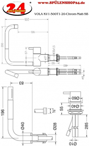 VOLA KV1-500T1-20-Chrom matt Eingriffmischer mit separatem Eingriffmischer 500 und versenkbarer Handbrause