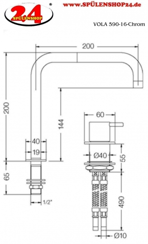 VOLA Kchenarmatur 590-16 Chrom Spltischmischer / Zweilocharmatur mit Eingriffmischer und Doppelschwenkauslauf