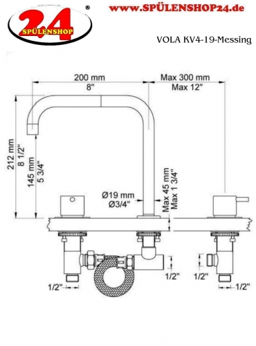 VOLA Kchenarmatur KV4-19 Messing poliert Spltischmischer / Dreilocharmatur mit Doppelschwenkauslauf