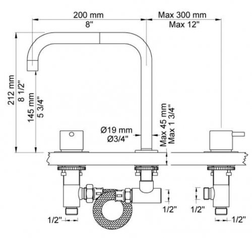 VOLA Kchenarmatur KV4-19 Messing poliert Spltischmischer / Dreilocharmatur mit Doppelschwenkauslauf