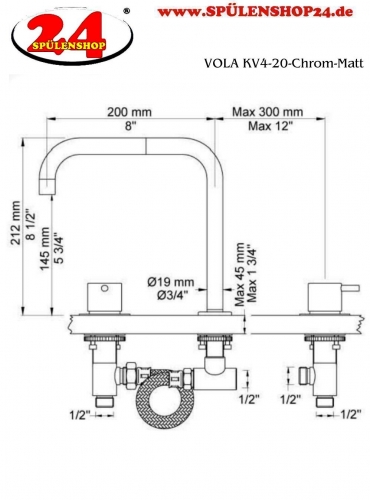 VOLA Kchenarmatur KV4-20 Chrom matt Spltischmischer / Dreilocharmatur mit Doppelschwenkauslauf