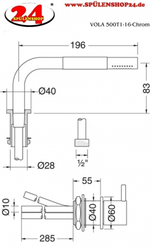 VOLA Kchenarmatur 500T1-16 Chrom 2-Loch Spltischmischer / Eingriffmischer mit versenkbarer Handbrause