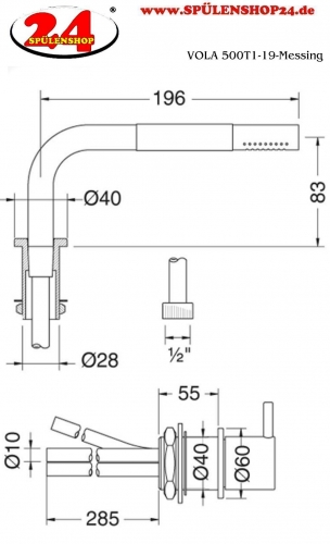 VOLA Kchenarmatur 500T1-19 Messing poliert 2-Loch Spltischmischer / Eingriffmischer mit versenkbarer Handbrause