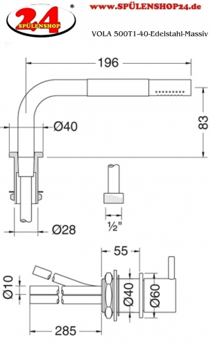 VOLA Kchenarmatur 500T1-40-Edelstahl Massiv 2-Loch Spltischmischer / Eingriffmischer mit versenkbarer Handbrause