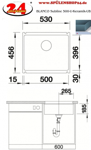 BLANCO Kchensple Subline 500-U Keramik PuraPlus Keramiksple / Unterbausple Ablaufsystem InFino mit Handbettigung