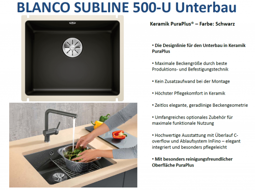 BLANCO Kchensple Subline 500-U Keramik PuraPlus Keramiksple / Unterbausple Ablaufsystem InFino mit Handbettigung