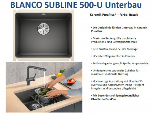 BLANCO Kchensple Subline 500-U Keramik PuraPlus Keramiksple / Unterbausple Ablaufsystem InFino mit Handbettigung