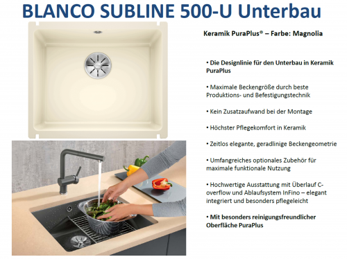 BLANCO Kchensple Subline 500-U Keramik PuraPlus Keramiksple / Unterbausple Ablaufsystem InFino mit Handbettigung