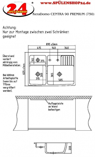 Systemceram KeraDomo CENTRA 90 PREMIUM Keramik Splmodul / Splstein in Sonderfarben Arbeitsplattentiefe bis 750mm