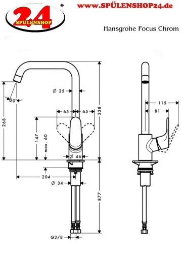 HANSGROHE Kchenarmatur Focus M41 Chrom Einhebelmischer 260 mit Festauslauf, 1jet Schwenkbereich einstellbar (31820000)