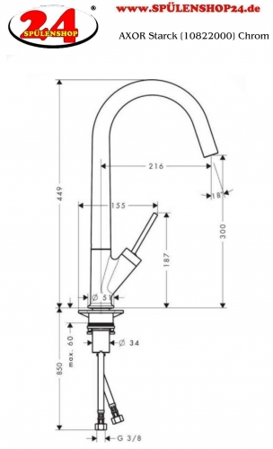 AXOR Kchenarmatur Starck Chrom Einhebelmischer 300 mit Festauslauf und Joystick-Bedienung Schwenkbereich einstellbar (10822000)