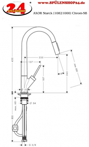 AXOR Kchenarmatur Starck Chrom Einhebelmischer 270 mit Zugauslauf als Ausziehbrause mit Joystick-Bedienung Schwenkbereich einstellbar (10821000)