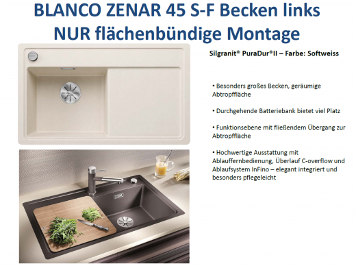 BLANCO Zenar 45-S-F Silgranit PuraDurII Granitsple Flchenbndig Ablaufsystem InFino mit Drehknopfventil