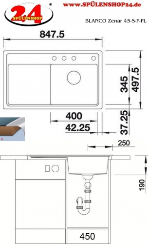 BLANCO Zenar 45-S-F Silgranit PuraDurII Granitsple Flchenbndig Ablaufsystem InFino mit Drehknopfventil