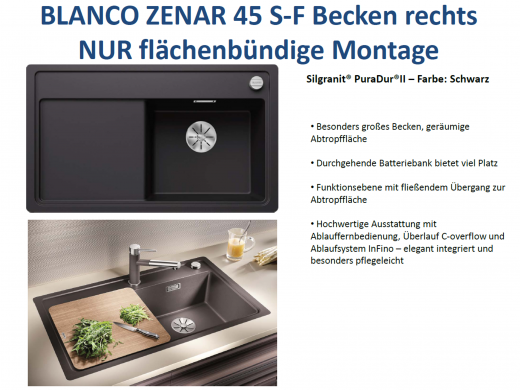 BLANCO Zenar 45-S-F Silgranit PuraDurII Granitsple Flchenbndig Ablaufsystem InFino mit Drehknopfventil