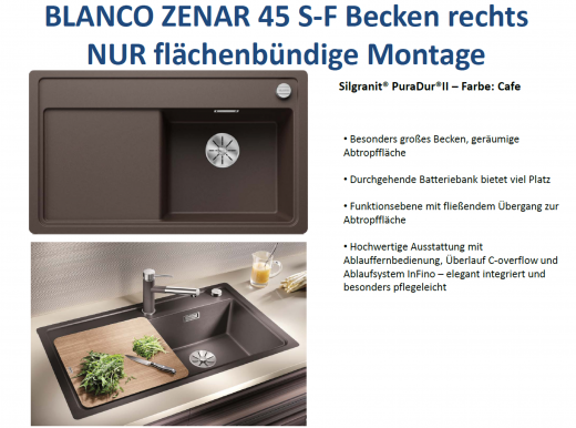 BLANCO Zenar 45-S-F Silgranit PuraDurII Granitsple Flchenbndig Ablaufsystem InFino mit Drehknopfventil