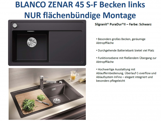 BLANCO Zenar 45-S-F Silgranit PuraDurII Granitsple Flchenbndig Ablaufsystem InFino mit Drehknopfventil