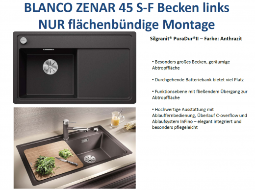 BLANCO Zenar 45-S-F Silgranit PuraDurII Granitsple Flchenbndig Ablaufsystem InFino mit Drehknopfventil