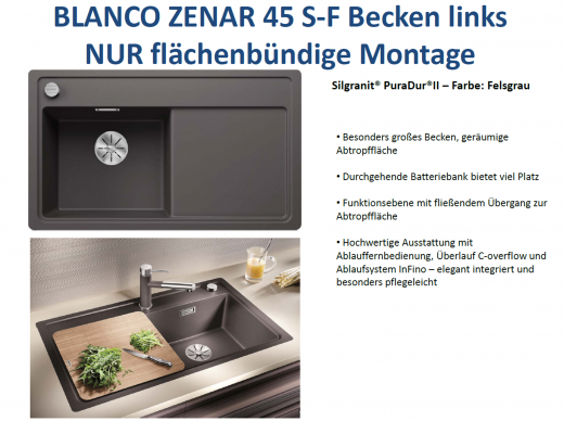 BLANCO Zenar 45-S-F Silgranit PuraDurII Granitsple Flchenbndig Ablaufsystem InFino mit Drehknopfventil