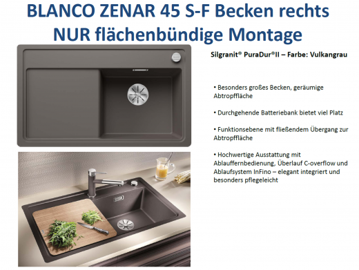 BLANCO Zenar 45-S-F Silgranit PuraDurII Granitsple Flchenbndig Ablaufsystem InFino mit Drehknopfventil