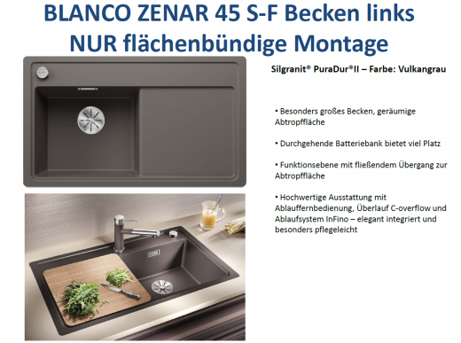 BLANCO Zenar 45-S-F Silgranit PuraDurII Granitsple Flchenbndig Ablaufsystem InFino mit Drehknopfventil