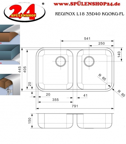 REGINOX Kchensple L18 35D40 (L) KGOKG Einbausple Edelstahl 3 in 1 mit Flachrand Doppelbecken mit Siebkorb als Stopfenventil