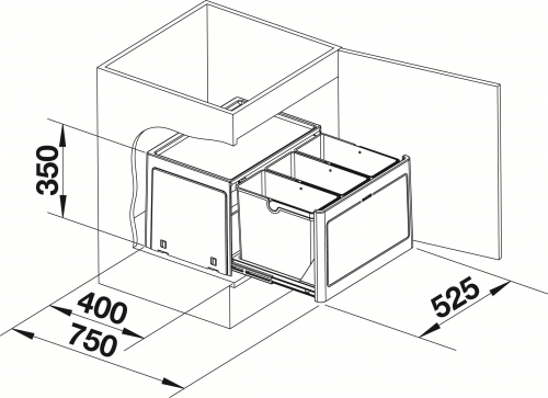 BLANCO Abfalltrennsystem Botton Pro 60/3 Manuell Abfallsystem zum Einbau hinter Drehtren ab 60cm Unterschrank