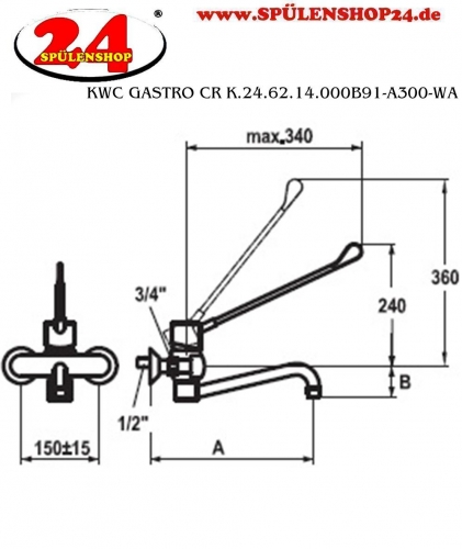 KWC Gastro CR K.24.62.14.000B91-A300-WA Wandmischer Gastroarmatur Hebel lang fr die Profikche