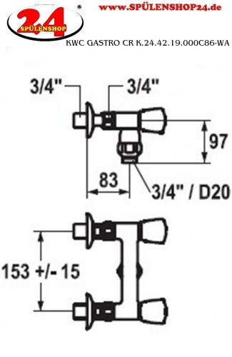 KWC Gastro CR K.24.42.19.000C86-WA Zweigriffmischer Gewerbe Wandarmatur fr die Profikche