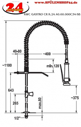 KWC Gastro CR K.24.40.60.000C34-SB Eingriff Standventil Gewerbe mit Pendelbrause fr die Profikche