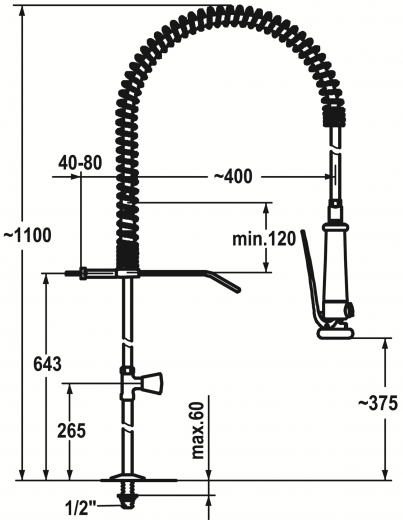 KWC Gastro CR K.24.40.60.000C34-SB Eingriff Standventil Gewerbe mit Pendelbrause fr die Profikche