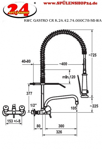 KWC Gastro CR K.24.42.74.000C78-SB-WA Zweigriffmischer Wand mit Pendelbrause fr die Profikche