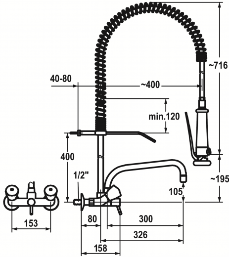 KWC Gastro CR K.24.42.74.000C78-SB-WA Zweigriffmischer Wand mit Pendelbrause fr die Profikche