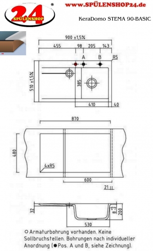 Systemceram KeraDomo STEMA 90-BASIC Keramiksple / Einbausple in Standardfarben fr die Kche