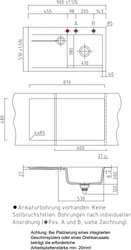 Systemceram KeraDomo STEMA 90-PREMIUM Keramiksple / Einbausple in Sonderfarben fr die Kche