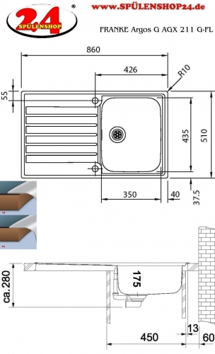 FRANKE Kchensple Argos AGX 211-86 Edelstahlsple Slimtop / Flchenbndig mit Integralablauf und Druckknopfventil