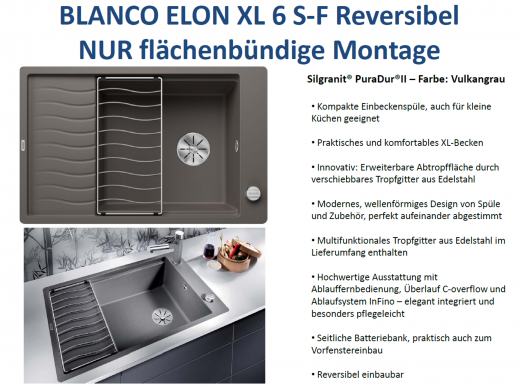 BLANCO Elon XL 6 S-F Silgranit PuraDurII Granitsple Flchenbndig Ablaufsystem InFino mit Drehknopfventil