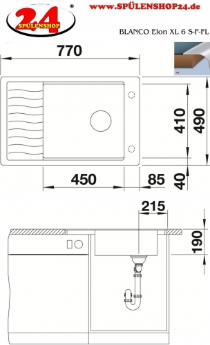BLANCO Elon XL 6 S-F Silgranit PuraDurII Granitsple Flchenbndig Ablaufsystem InFino mit Drehknopfventil